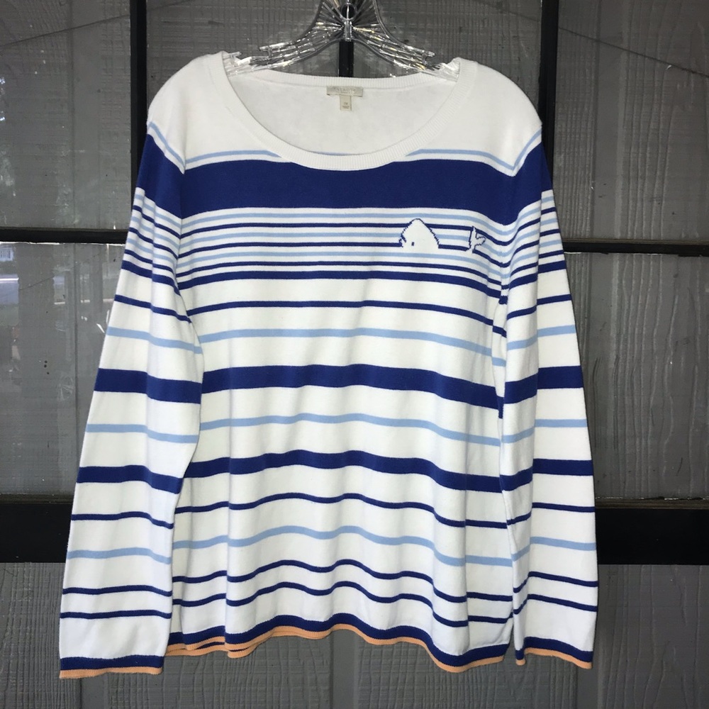 🐳 Talbots mid-lightweight sweater, white with blue stripes, whale on chest